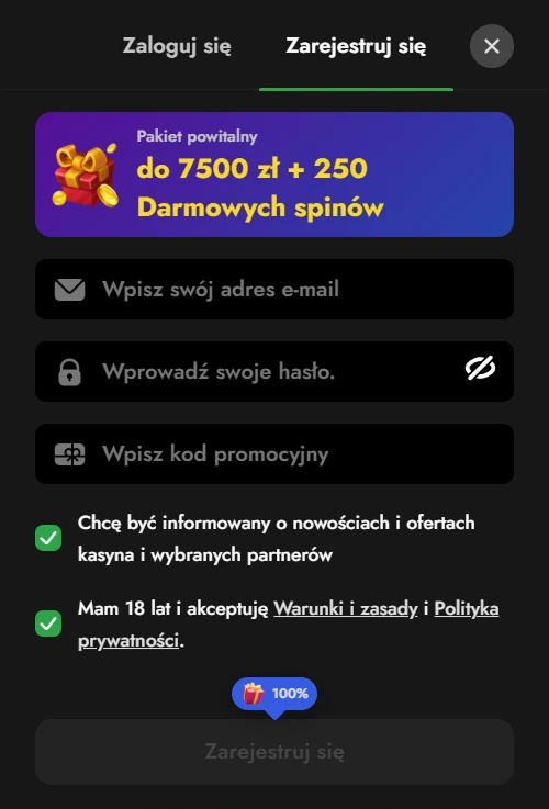 Formularz rejestracyjny OscarSpin z bonusem 7500 zł i 250 spinów