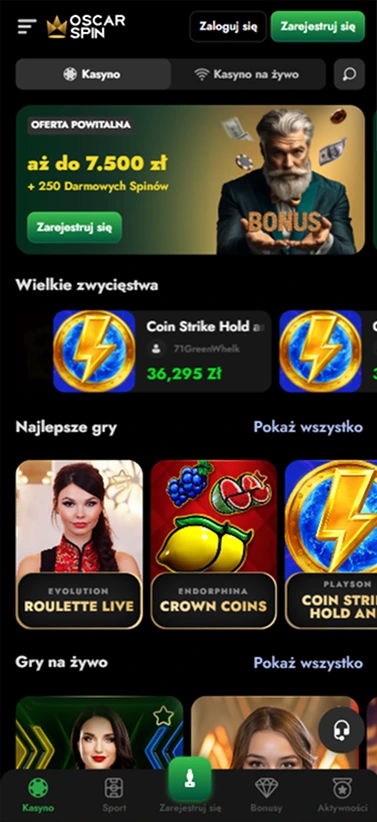 Ekran główny aplikacji OscarSpin z ofertą powitalną i grami